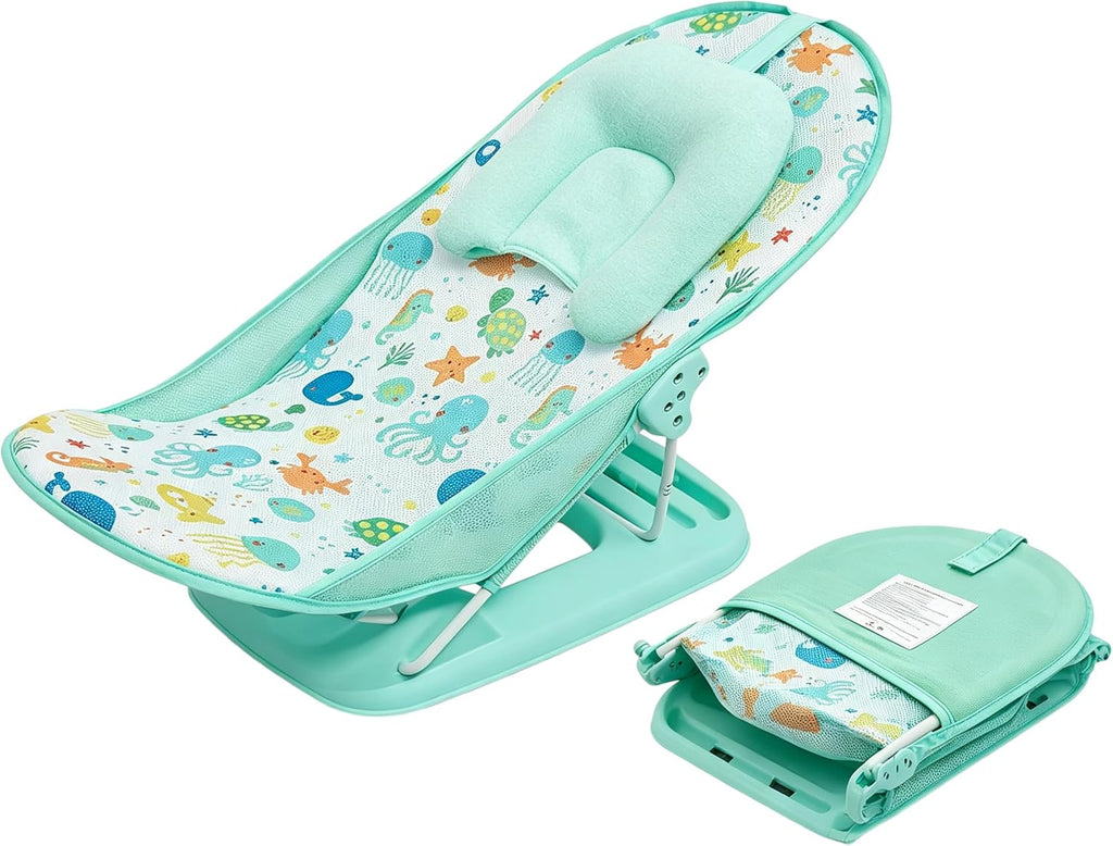 LADIDA Foldable Baby Bath Seat, Newborn Bath Seat with Adjustable Position, Collapsible Travel Bathtub for Infants 0-24 Months (285 Green Bather)