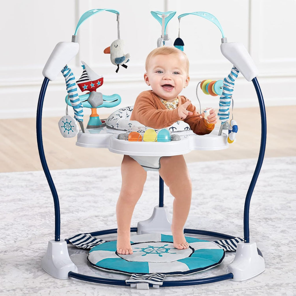 LADIDA Stationary Jumperoo Baby Bouncer Chair Acrobat - 360° Rotating Seat, Musical Toys, and Adjustable Heights (Nautical Activity Blue)