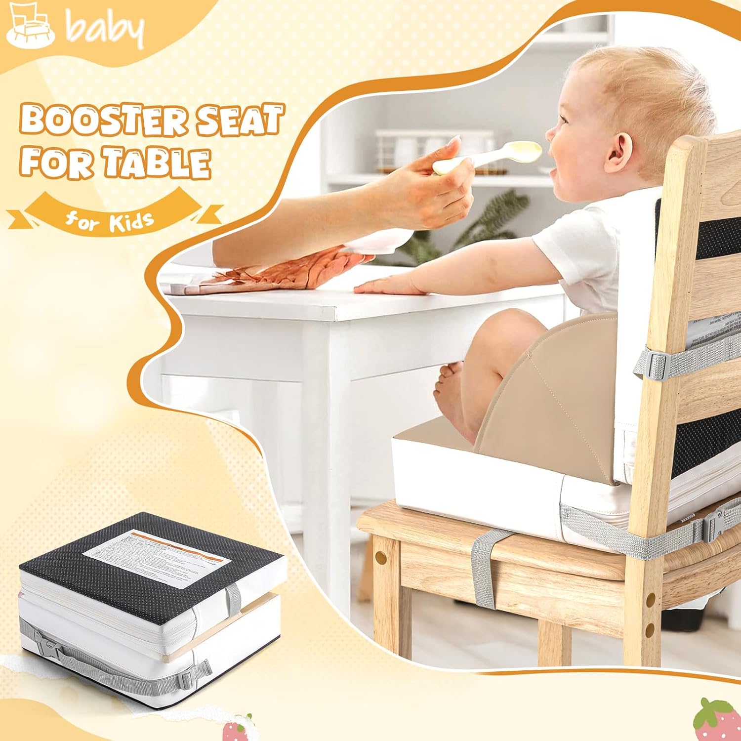 LADIDA Toddler Booster Seat,Portable Baby Booster for Dining Table,Travel Toddler Chair with Adjustable Straps,Lightweight,Compact Design, Easy to Clean (Beige)