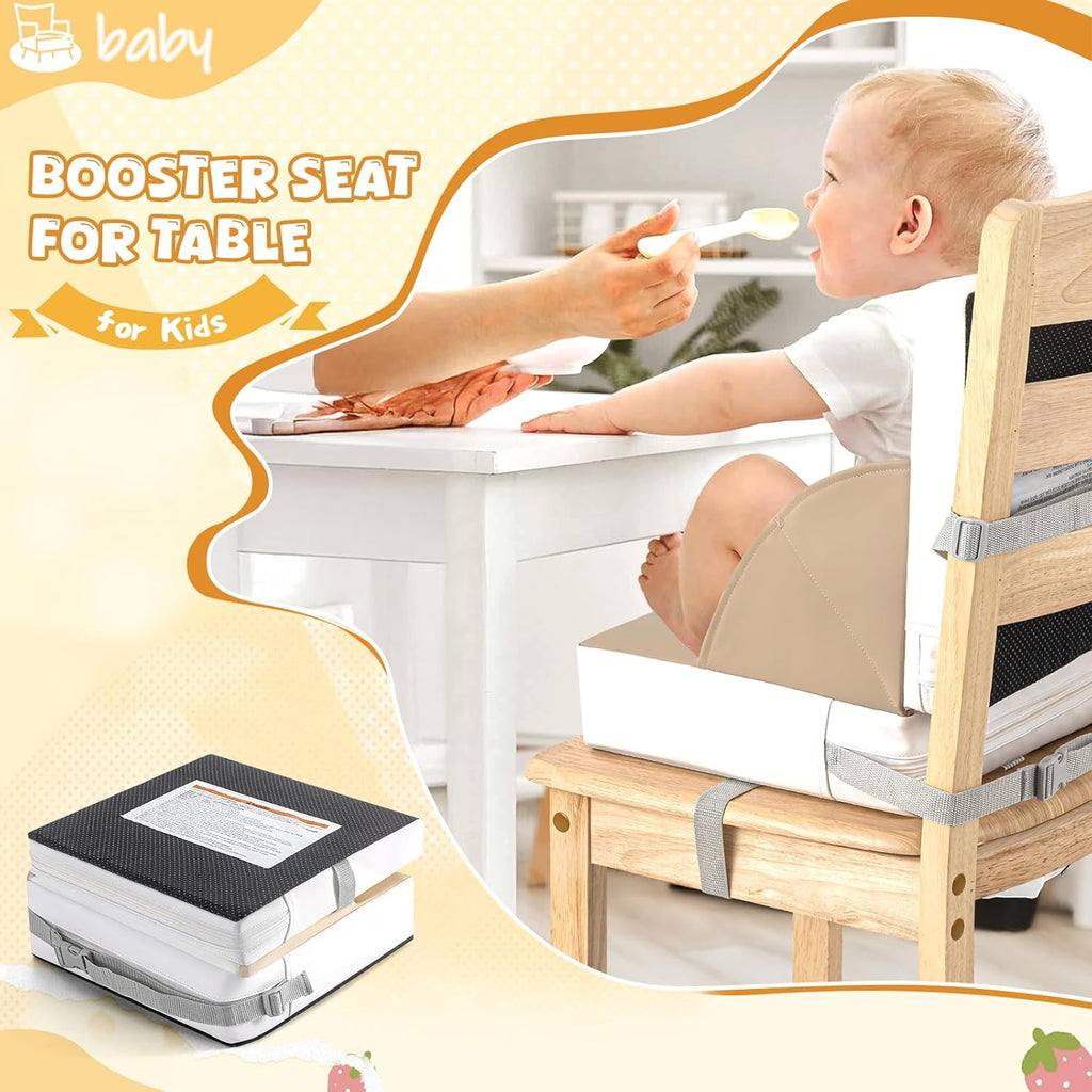 LADIDA Toddler Booster Seat,Portable Baby Booster for Dining Table,Travel Toddler Chair with Adjustable Straps,Lightweight,Compact Design, Easy to Clean (Beige)