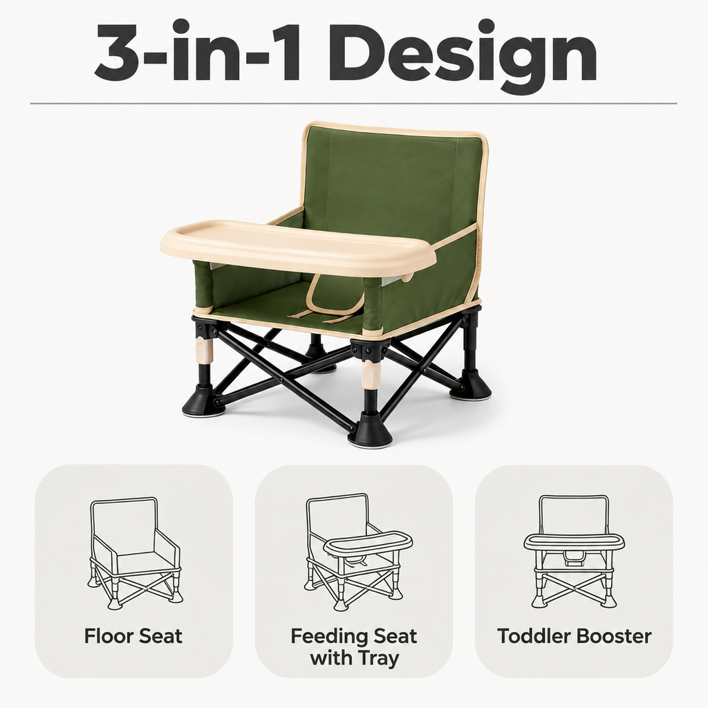 LADIDA Foldable Baby Travel Seat Booster Toddlers Dining Seat Removable Tray with Travel Bag Portable Folding Booster Feeding Chair for Children Toddlers Infants (Beige)