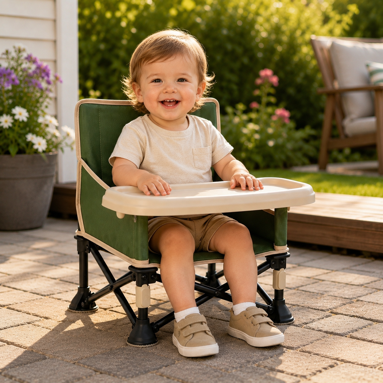 LADIDA Foldable Baby Travel Seat Booster Toddlers Dining Seat Removable Tray with Travel Bag Portable Folding Booster Feeding Chair for Children Toddlers Infants (Beige)
