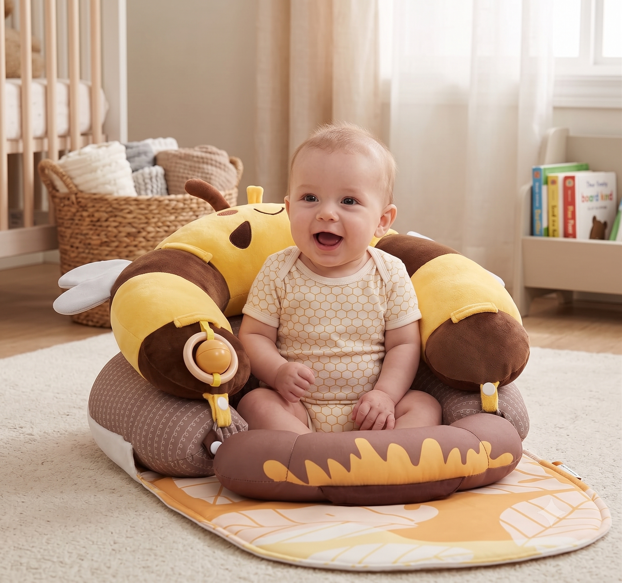 LADIDA 4-in-1 Baby Tummy Time Pillow & Seated Support Playmat,Easy to Clean,Cute Bee Design for 0-36Months Infant (Yellow) 2503