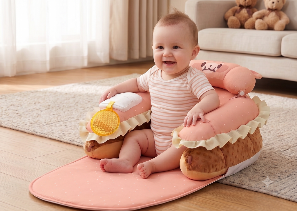 LADIDA 4-in-1 Baby Tummy Time Pillow & Seated Support Playmat, Easy to Clean, Cute Hamburger Design for 0-36Months Infant (Peach Pink) 2504