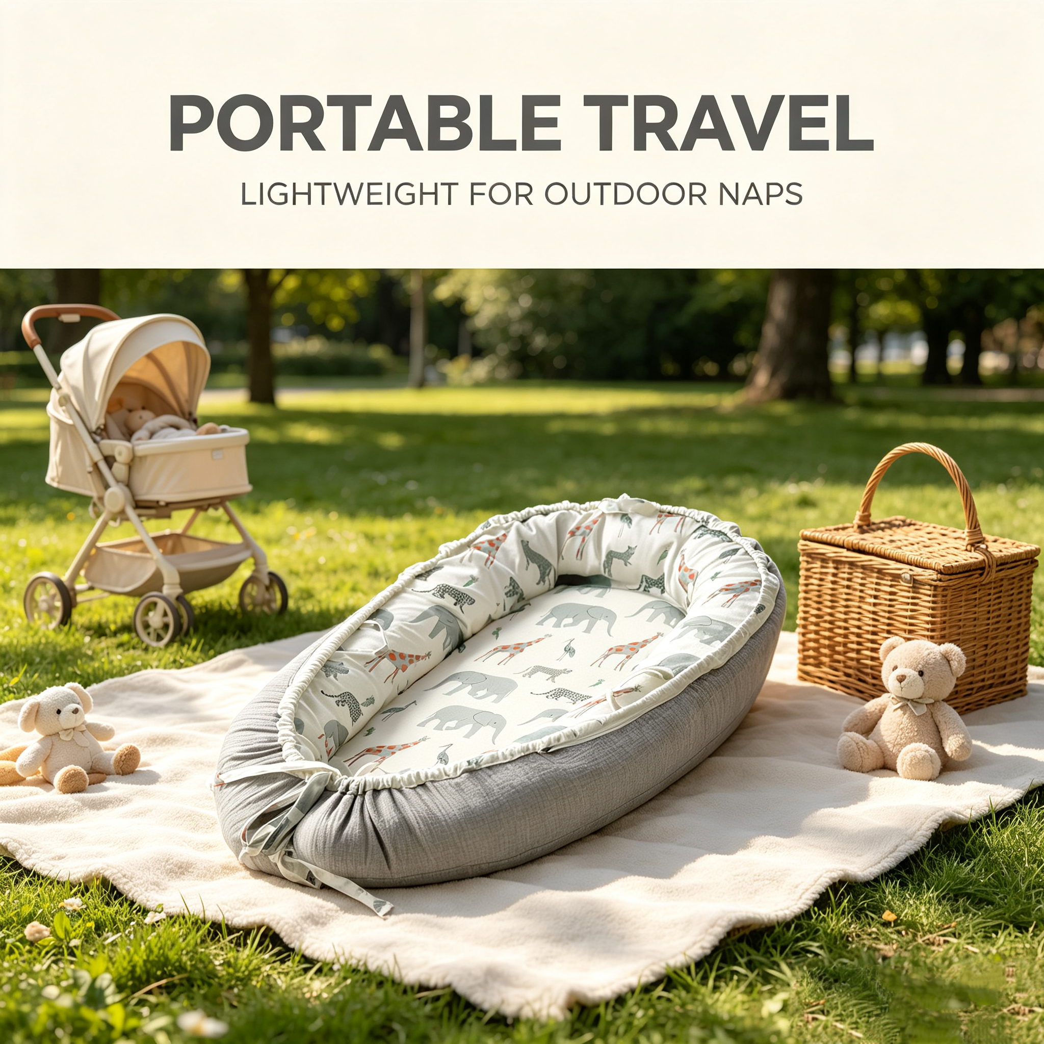 LADIDA Baby Nest Pod 100% Cotton, Soft Breathable & Washable | Ideal for infants aged 0–12 months, wraparound design delivers a cosy space for little boys and girls indoors (Grey Elephan)