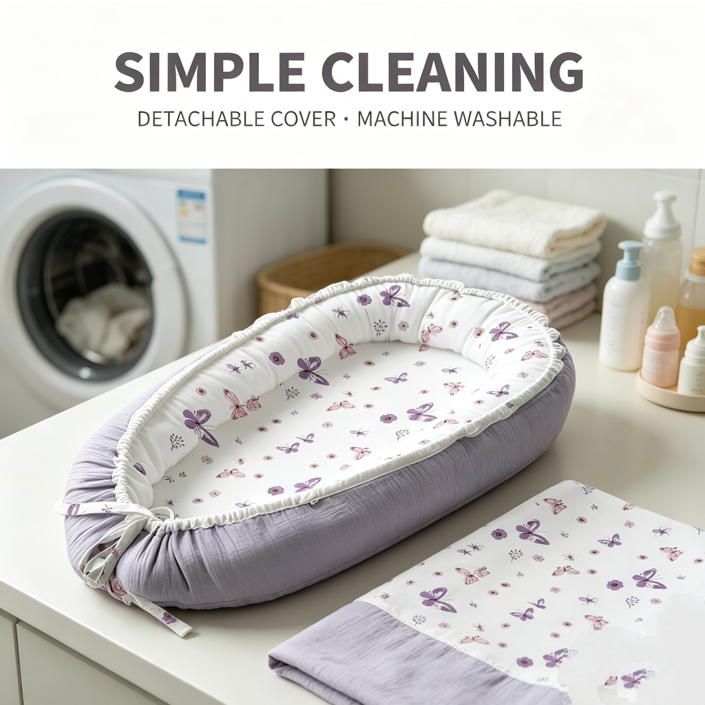 LADIDA Baby Nest Pod 100% Cotton, Soft Breathable & Washable | Ideal for infants aged 0–12 months, wraparound design delivers a cosy space for little boys and girls indoors (Lilac)