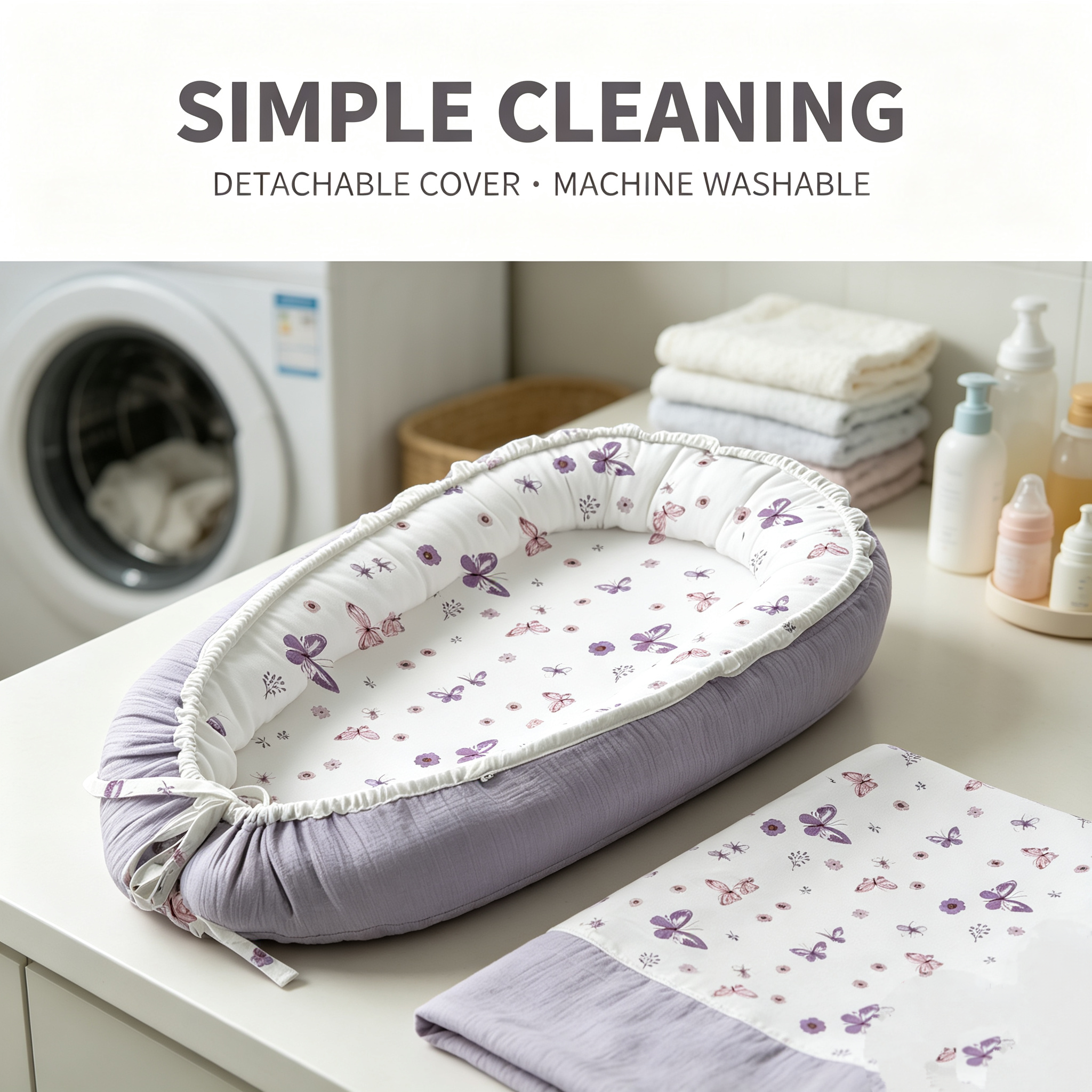 LADIDA Baby Nest Pod 100% Cotton, Soft Breathable & Washable | Ideal for infants aged 0–12 months, wraparound design delivers a cosy space for little boys and girls indoors (Lilac)