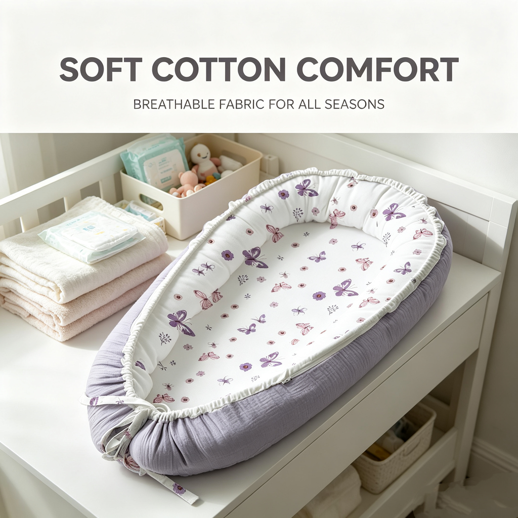 LADIDA Baby Nest Pod 100% Cotton, Soft Breathable & Washable | Ideal for infants aged 0–12 months, wraparound design delivers a cosy space for little boys and girls indoors (Lilac)