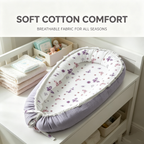 LADIDA Baby Nest Pod 100% Cotton, Soft Breathable & Washable | Ideal for infants aged 0–12 months, wraparound design delivers a cosy space for little boys and girls indoors (Lilac)