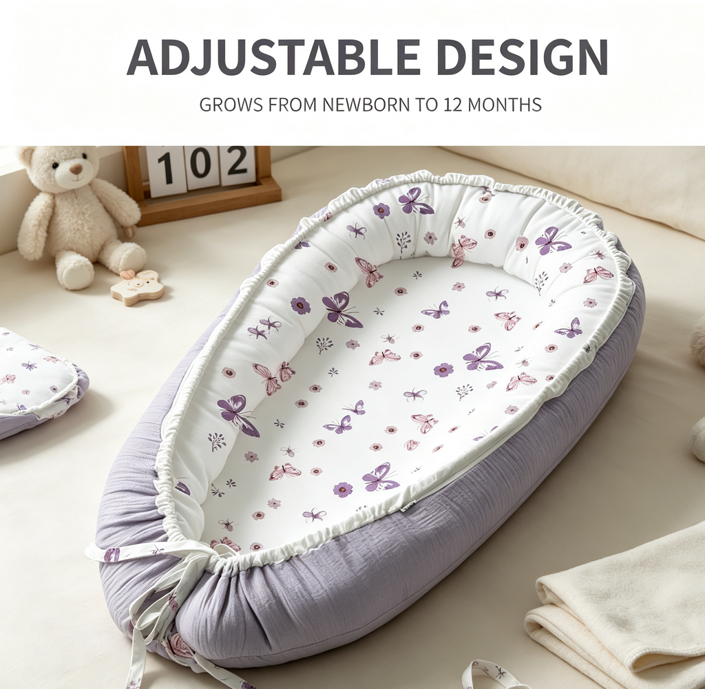 LADIDA Baby Nest Pod 100% Cotton, Soft Breathable & Washable | Ideal for infants aged 0–12 months, wraparound design delivers a cosy space for little boys and girls indoors (Lilac)