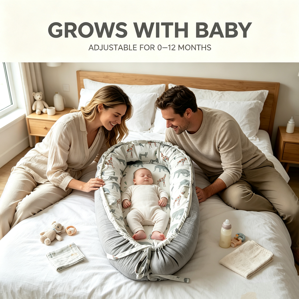 LADIDA Baby Nest Pod 100% Cotton, Soft Breathable & Washable | Ideal for infants aged 0–12 months, wraparound design delivers a cosy space for little boys and girls indoors (Grey Elephan)