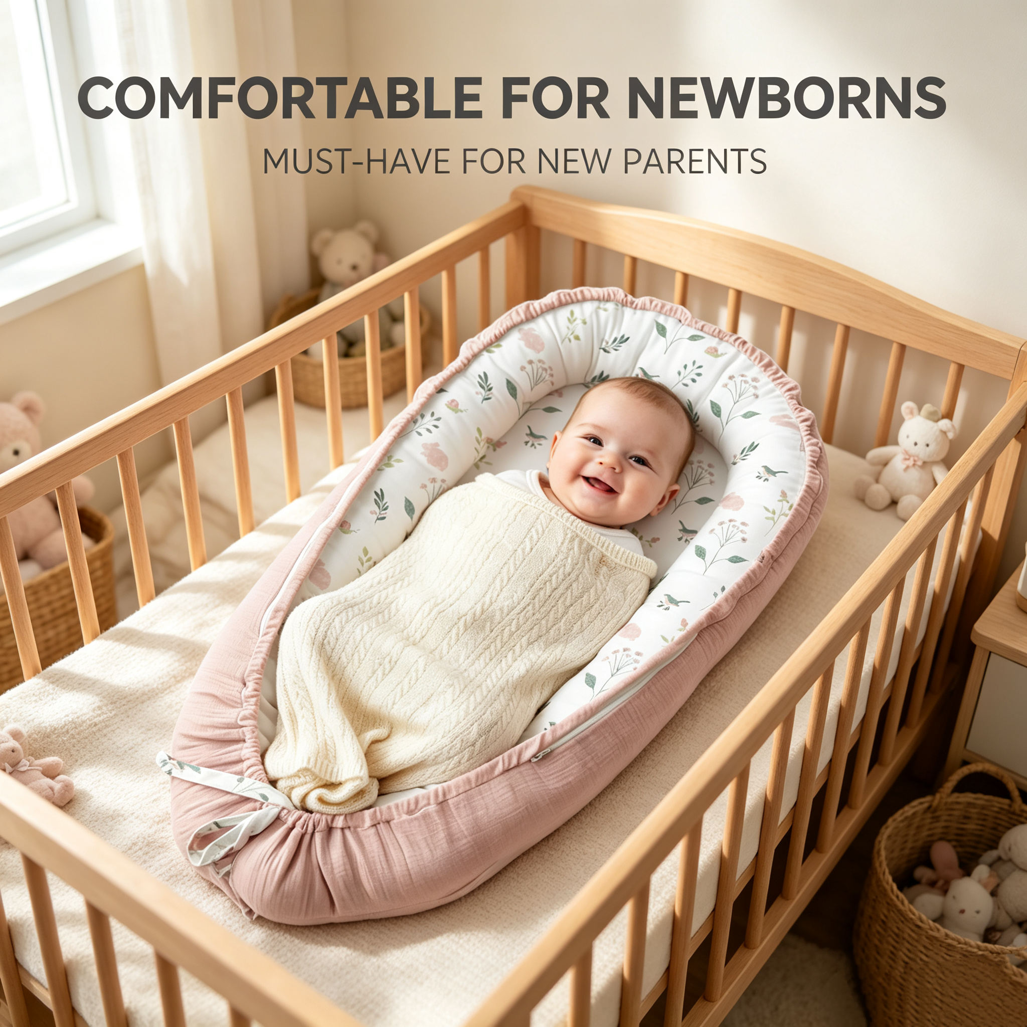 LADIDA Baby Nest Pod 100% Cotton, Soft Breathable & Washable | Ideal for infants aged 0–12 months, wraparound design delivers a cosy space for little boys and girls indoors (Pink)