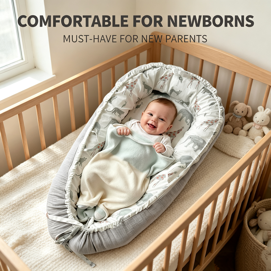 LADIDA Baby Nest Pod 100% Cotton, Soft Breathable & Washable | Ideal for infants aged 0–12 months, wraparound design delivers a cosy space for little boys and girls indoors (Grey Elephan)