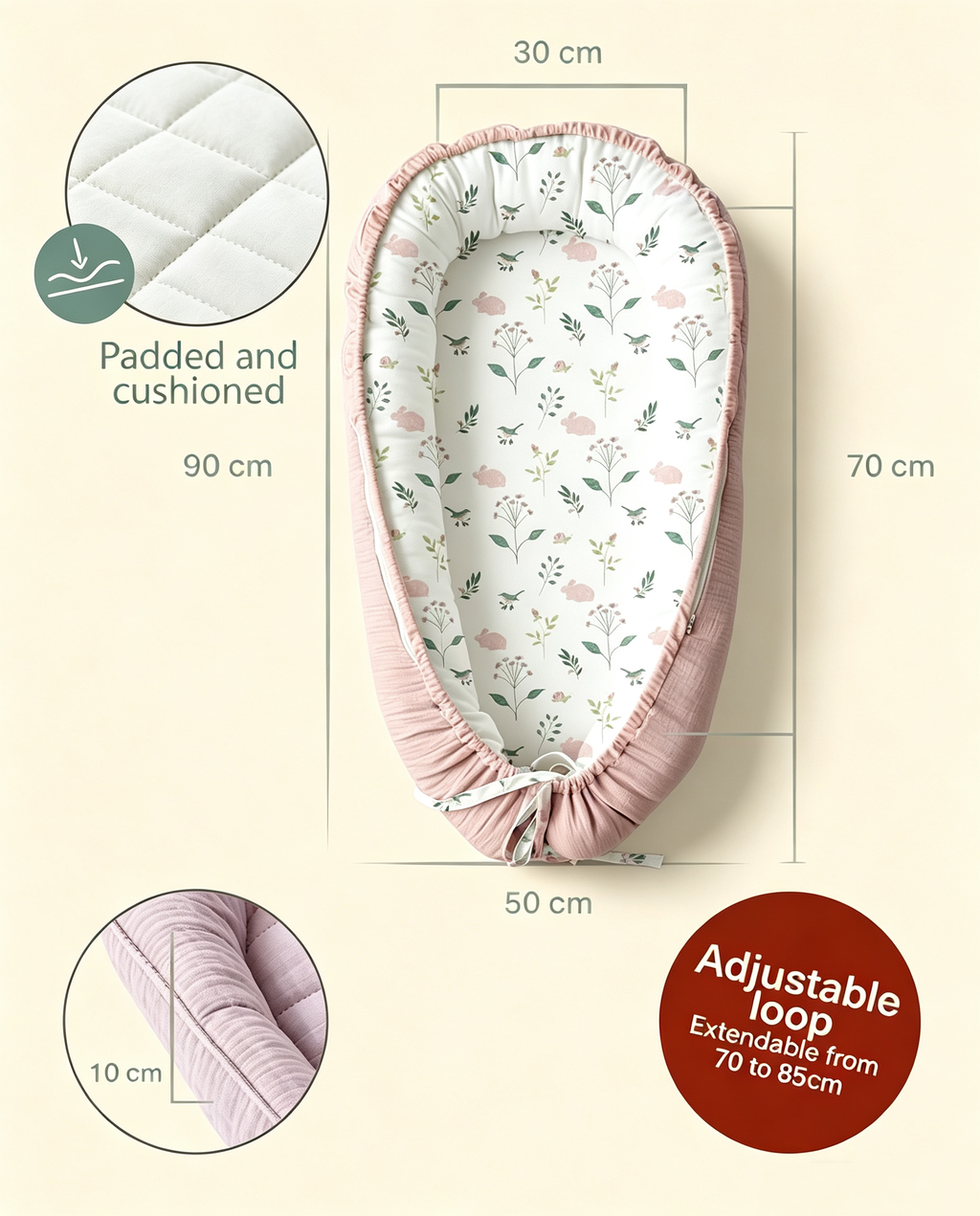 LADIDA Baby Nest Pod 100% Cotton, Soft Breathable & Washable | Ideal for infants aged 0–12 months, wraparound design delivers a cosy space for little boys and girls indoors (Pink)