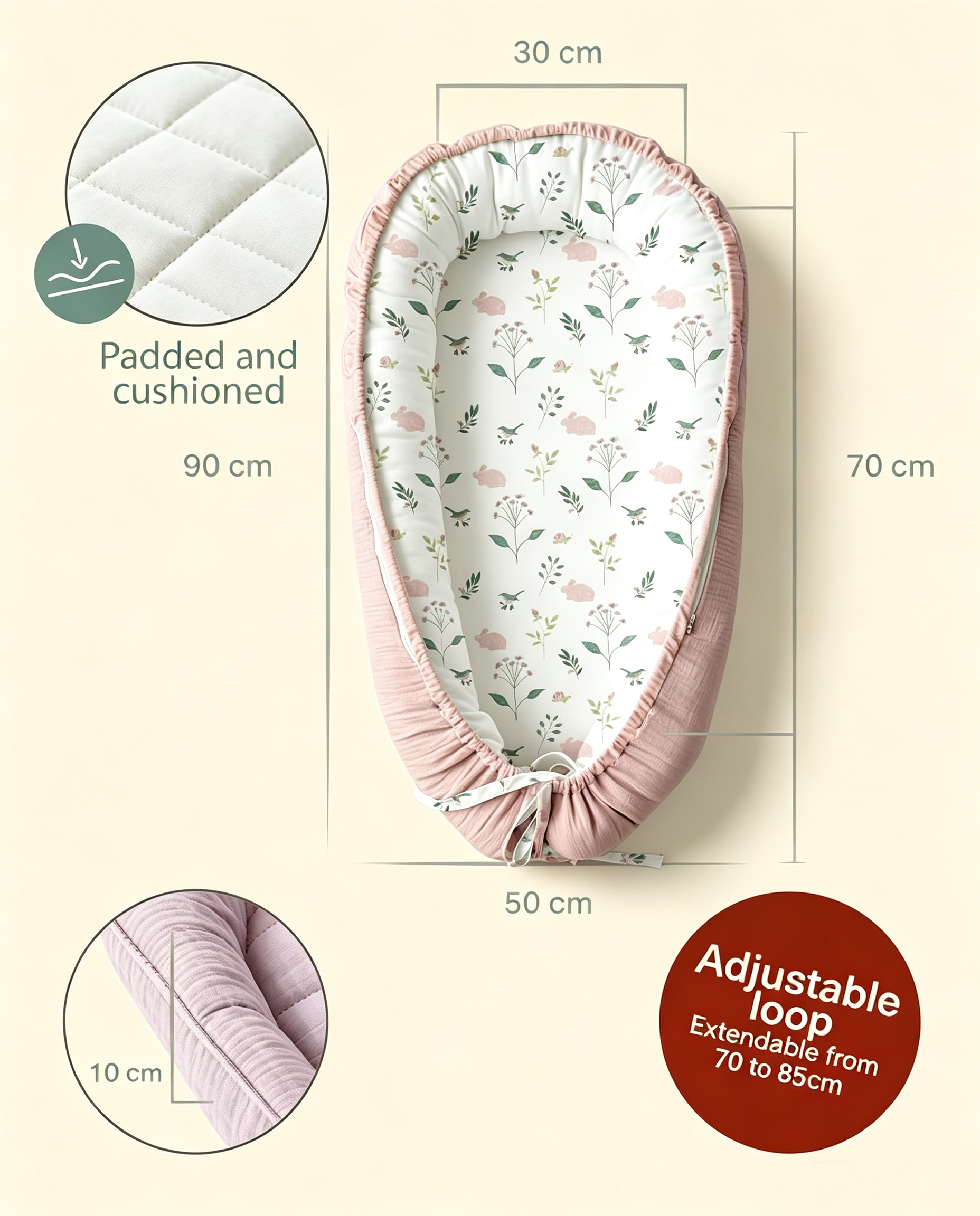 LADIDA Baby Nest Pod 100% Cotton, Soft Breathable & Washable | Ideal for infants aged 0–12 months, wraparound design delivers a cosy space for little boys and girls indoors (Pink)