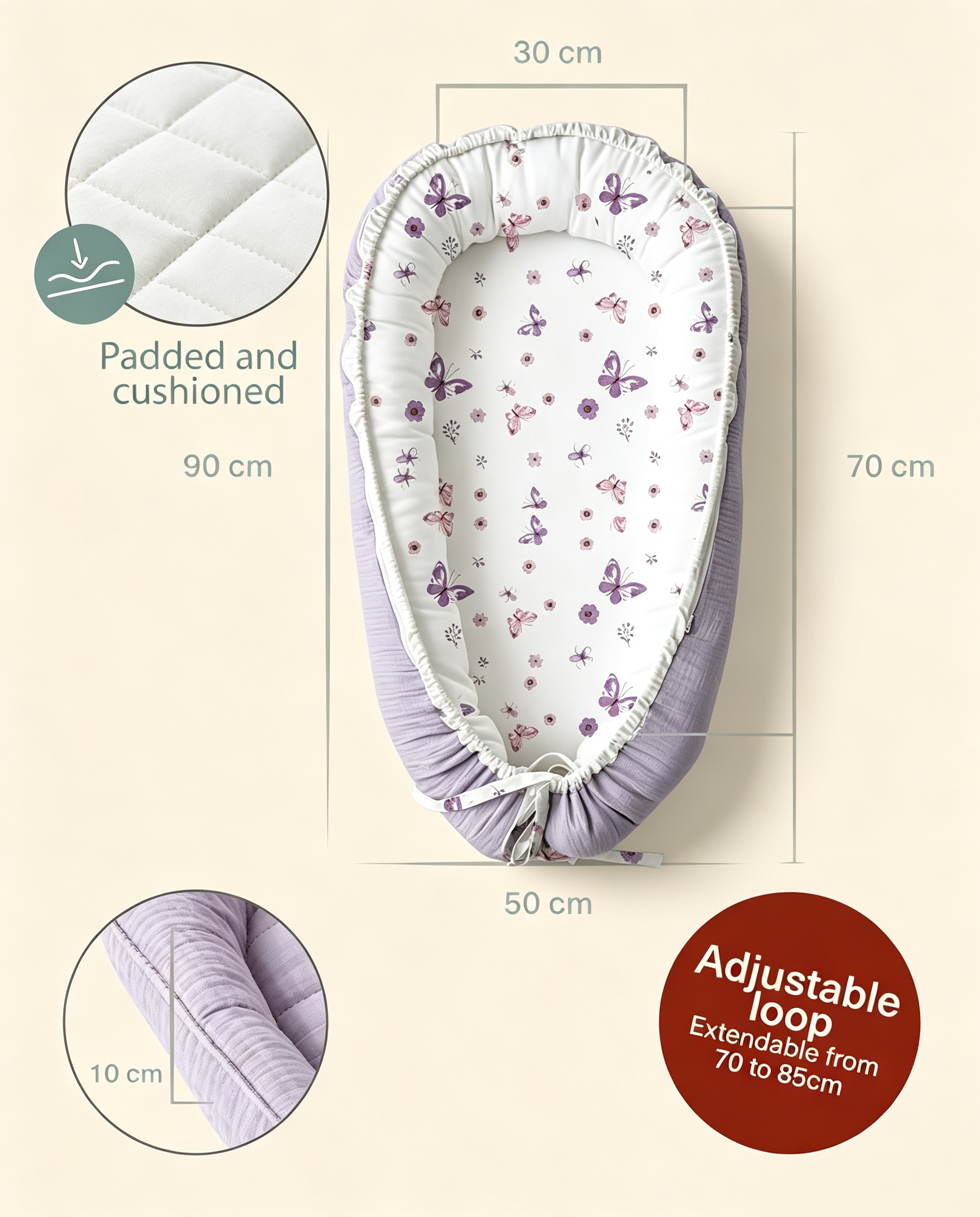LADIDA Baby Nest Pod 100% Cotton, Soft Breathable & Washable | Ideal for infants aged 0–12 months, wraparound design delivers a cosy space for little boys and girls indoors (Lilac)