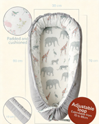 LADIDA Baby Nest Pod 100% Cotton, Soft Breathable & Washable | Ideal for infants aged 0–12 months, wraparound design delivers a cosy space for little boys and girls indoors (Grey Elephan)