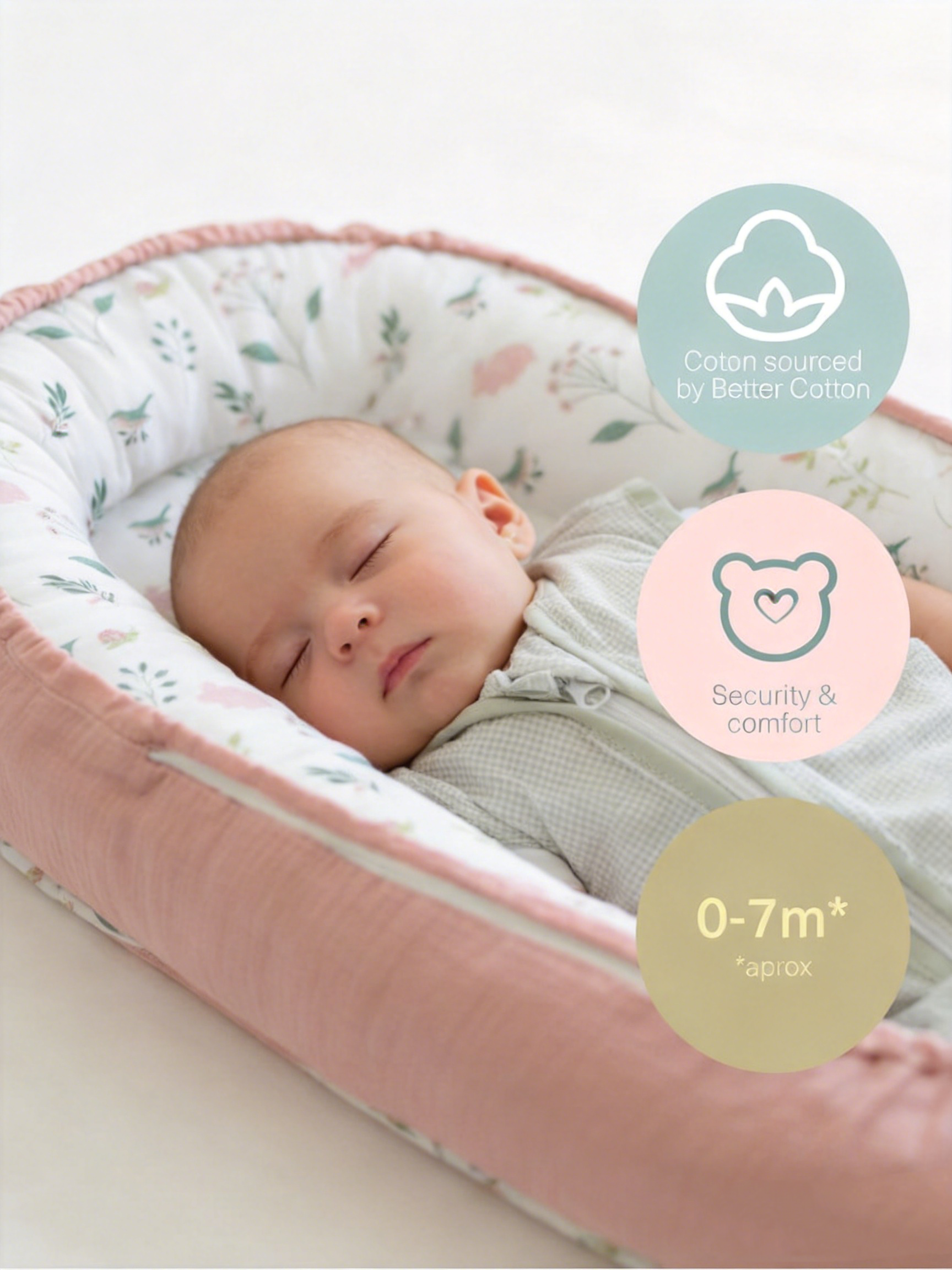 LADIDA Baby Nest Pod 100% Cotton, Soft Breathable & Washable | Ideal for infants aged 0–12 months, wraparound design delivers a cosy space for little boys and girls indoors (Pink)