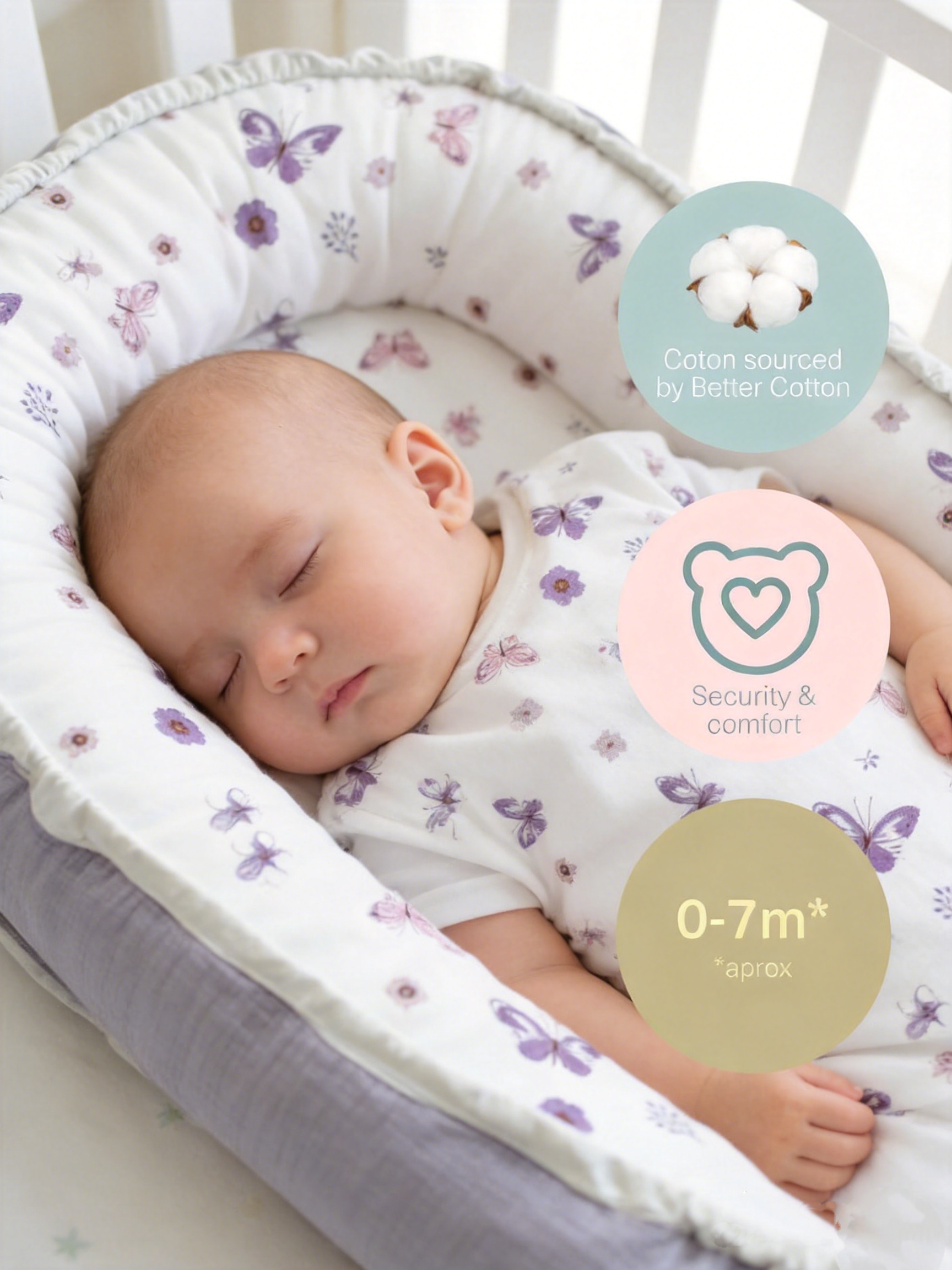 LADIDA Baby Nest Pod 100% Cotton, Soft Breathable & Washable | Ideal for infants aged 0–12 months, wraparound design delivers a cosy space for little boys and girls indoors (Lilac)