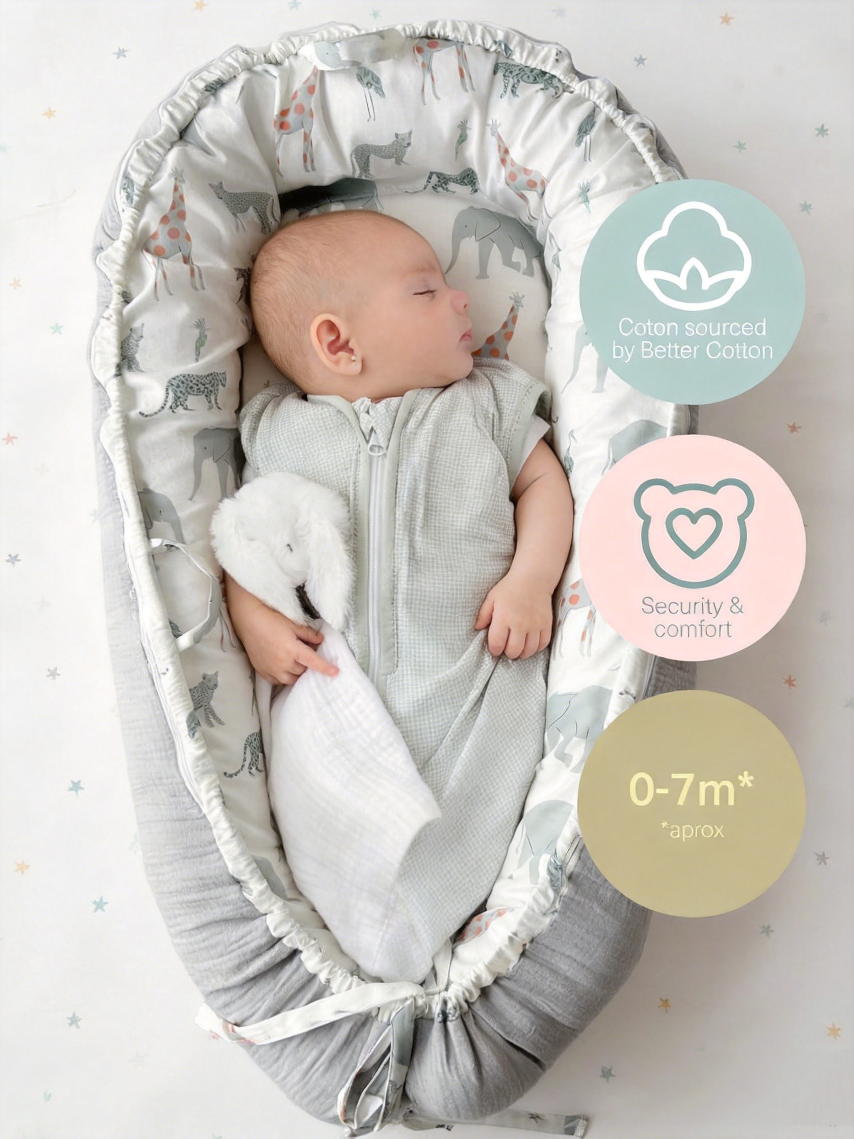 LADIDA Baby Nest Pod 100% Cotton, Soft Breathable & Washable | Ideal for infants aged 0–12 months, wraparound design delivers a cosy space for little boys and girls indoors (Grey Elephan)