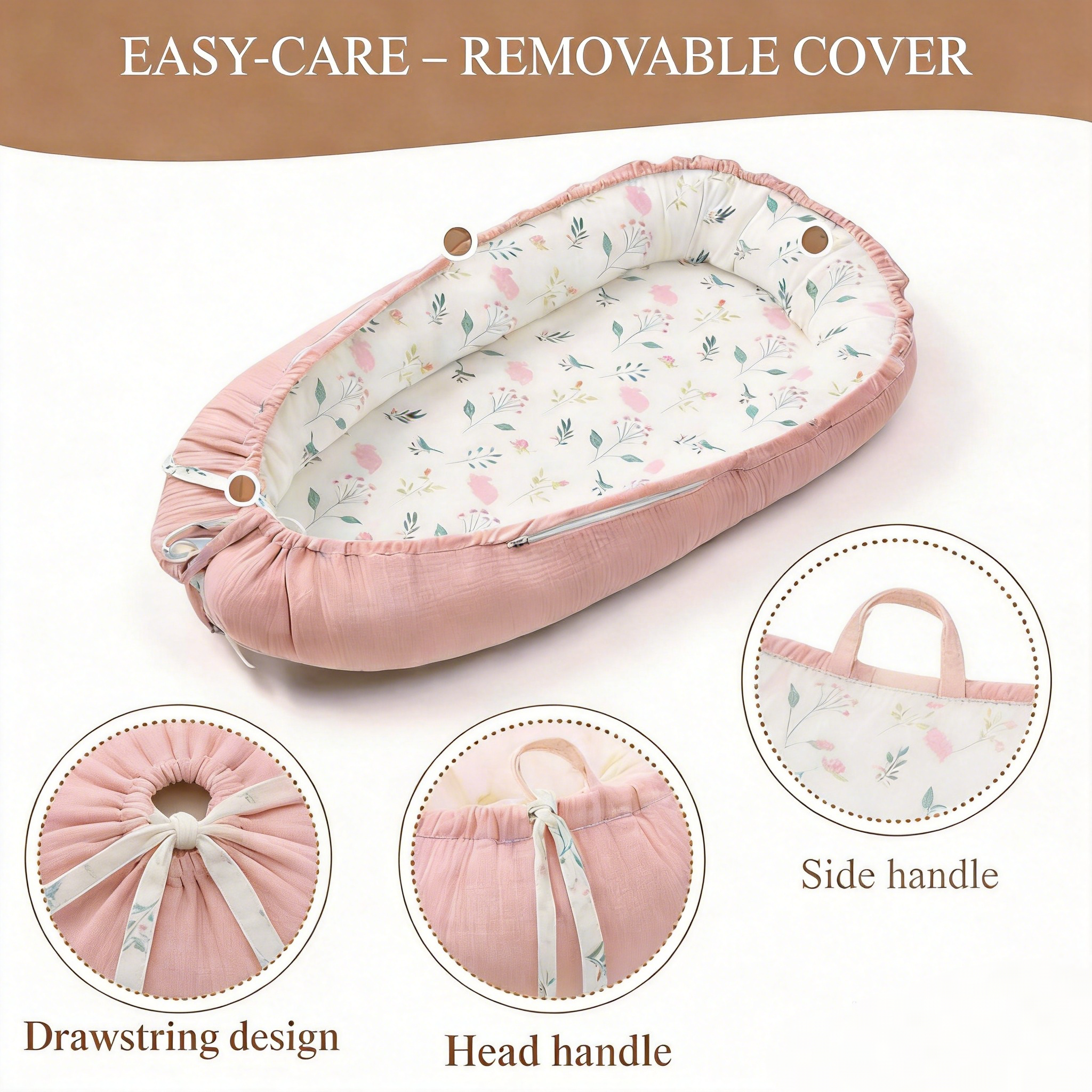 LADIDA Baby Nest Pod 100% Cotton, Soft Breathable & Washable | Ideal for infants aged 0–12 months, wraparound design delivers a cosy space for little boys and girls indoors (Pink)