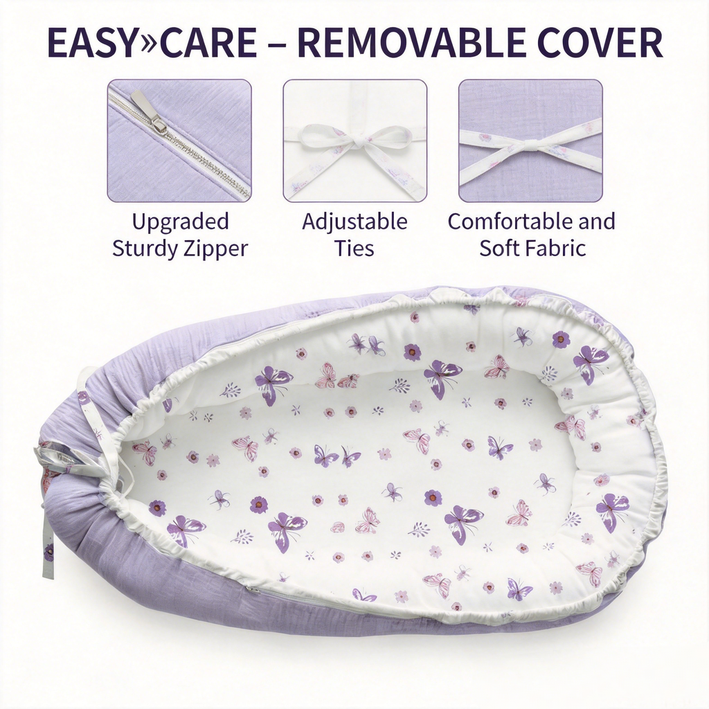 LADIDA Baby Nest Pod 100% Cotton, Soft Breathable & Washable | Ideal for infants aged 0–12 months, wraparound design delivers a cosy space for little boys and girls indoors (Lilac)