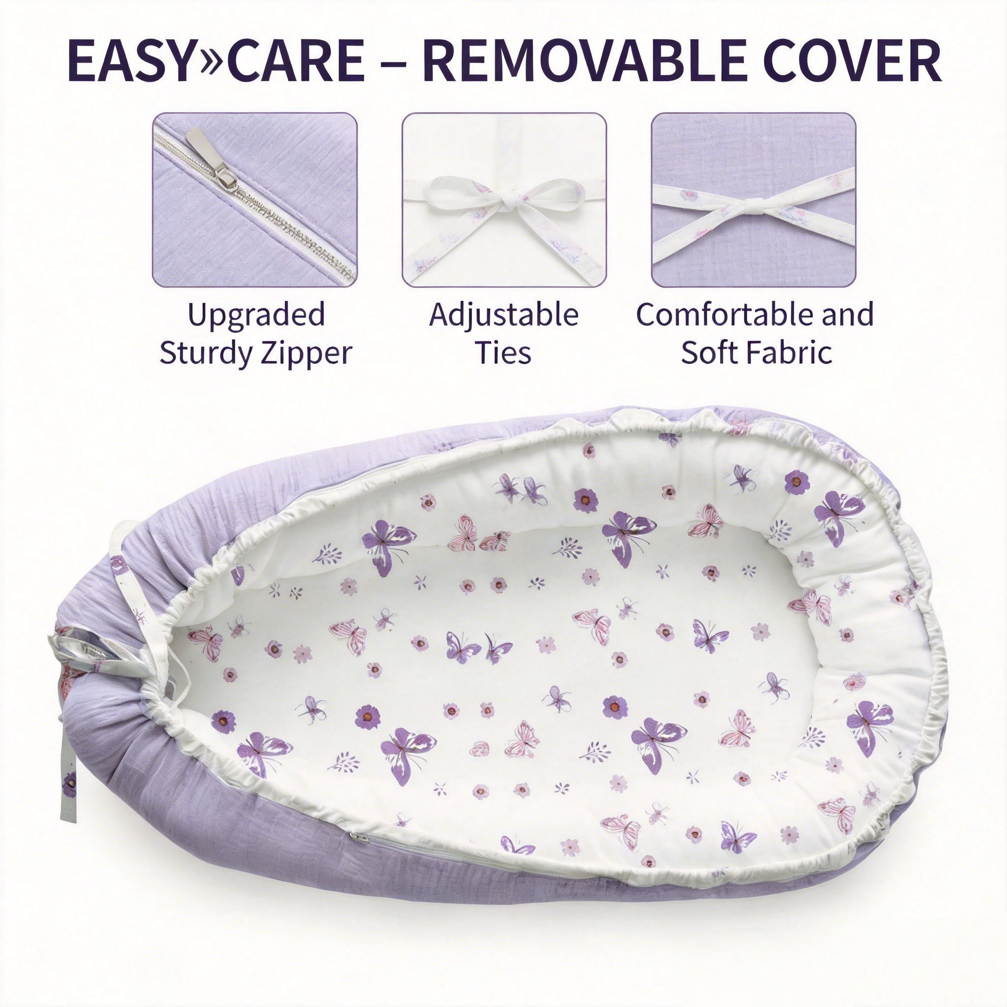 LADIDA Baby Nest Pod 100% Cotton, Soft Breathable & Washable | Ideal for infants aged 0–12 months, wraparound design delivers a cosy space for little boys and girls indoors (Lilac)
