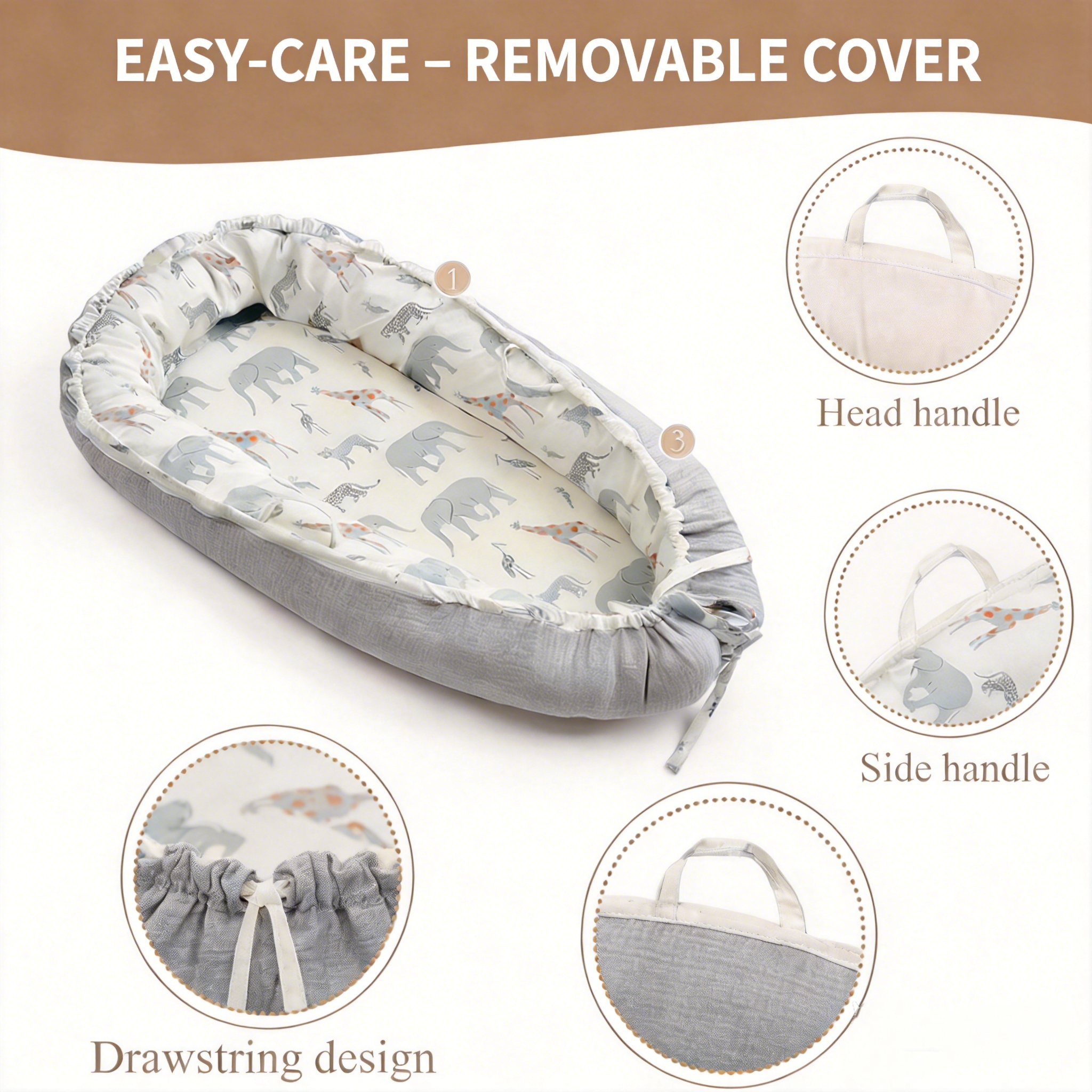 LADIDA Baby Nest Pod 100% Cotton, Soft Breathable & Washable | Ideal for infants aged 0–12 months, wraparound design delivers a cosy space for little boys and girls indoors (Grey Elephan)