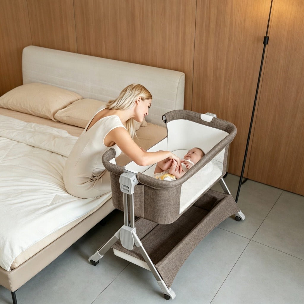 LADIDA 4-in-1 Bedside Baby Crib - 6-Level Adjustable, Easy Fold Travel Cot with Wheels, Storage, Mosquito Net & Mattress, Portable for Newborn (Oatmeal)