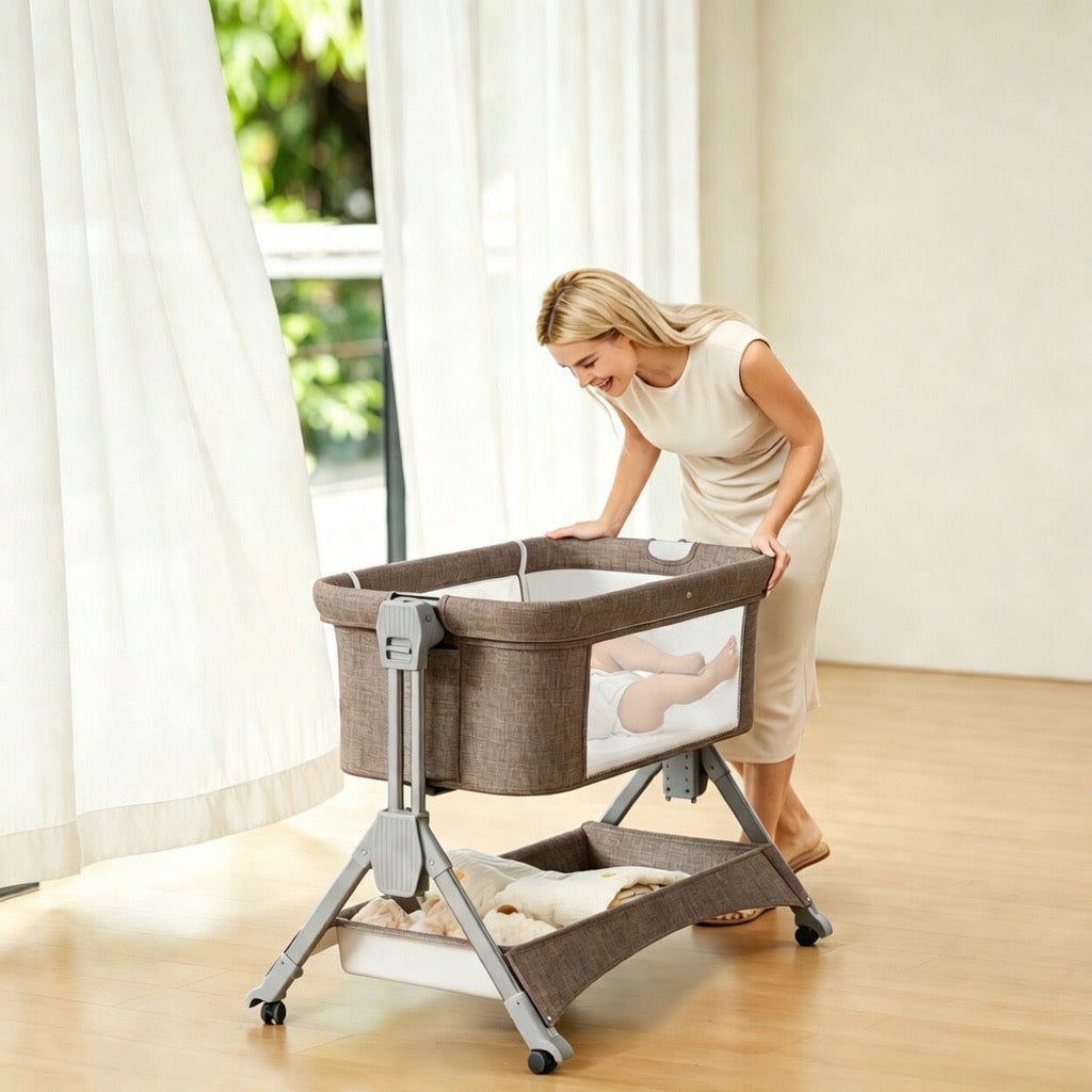 LADIDA 4-in-1 Bedside Baby Crib - 6-Level Adjustable, Easy Fold Travel Cot with Wheels, Storage, Mosquito Net & Mattress, Portable for Newborn (Oatmeal)