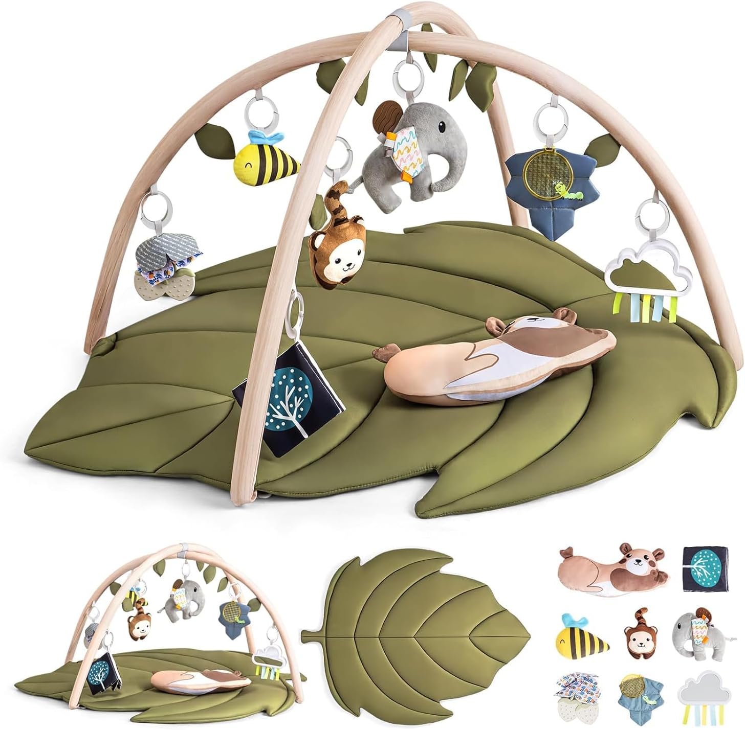LADIDA Baby Play Mat & Activity Center for Newborns, Leaf-Shaped Play Gym with 8 Detachable Toys to Encourage Motor Skills and Sensory Exploration, Extra Large Tummy Time Mat