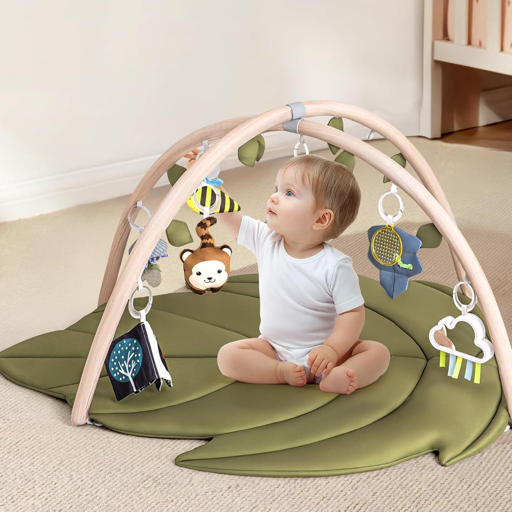 LADIDA Baby Play Mat & Activity Center for Newborns, Leaf-Shaped Play Gym with 8 Detachable Toys to Encourage Motor Skills and Sensory Exploration, Extra Large Tummy Time Mat