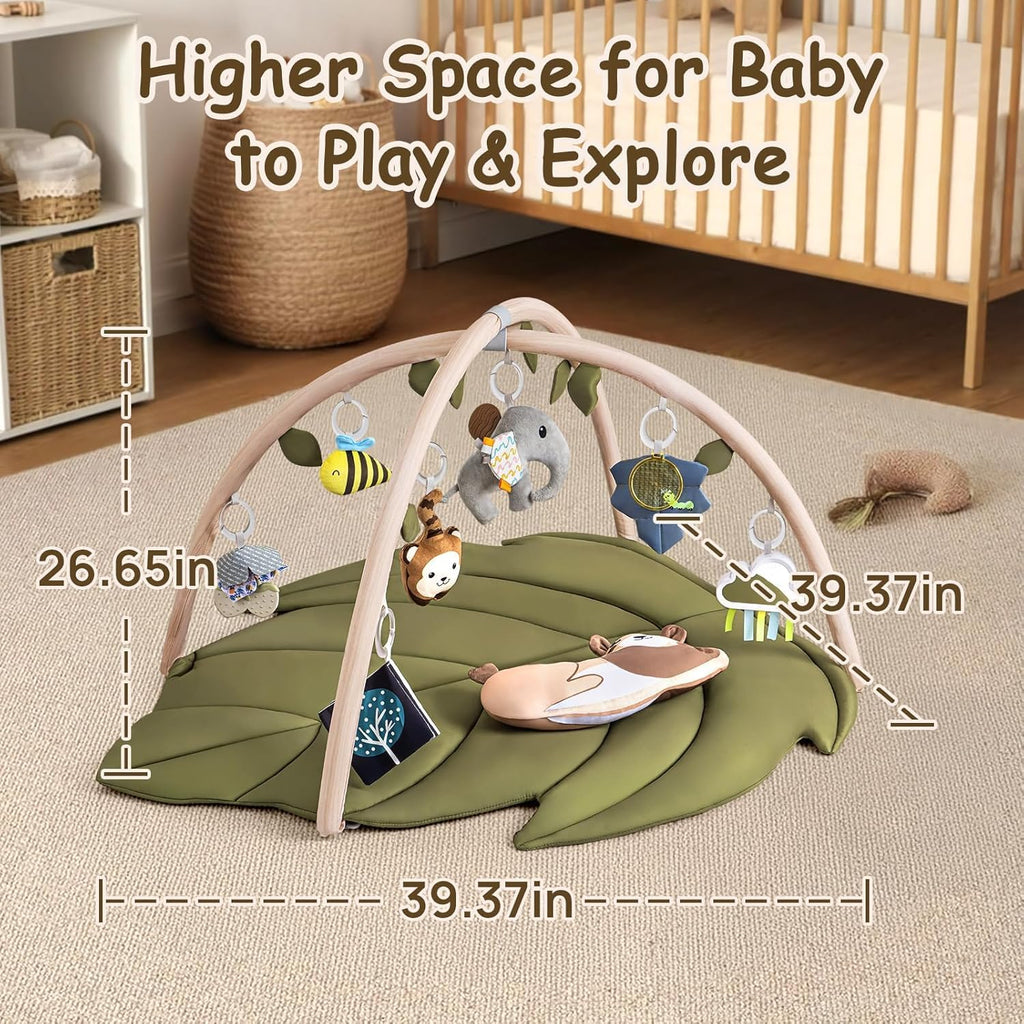 LADIDA Baby Play Mat & Activity Center for Newborns, Leaf-Shaped Play Gym with 8 Detachable Toys to Encourage Motor Skills and Sensory Exploration, Extra Large Tummy Time Mat