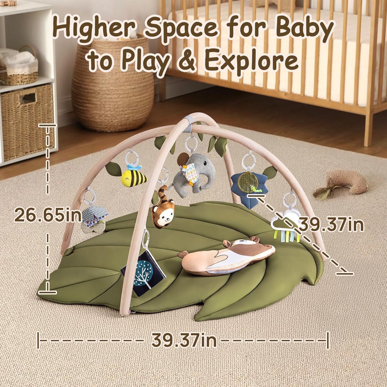 LADIDA Baby Play Mat & Activity Center for Newborns, Leaf-Shaped Play Gym with 8 Detachable Toys to Encourage Motor Skills and Sensory Exploration, Extra Large Tummy Time Mat