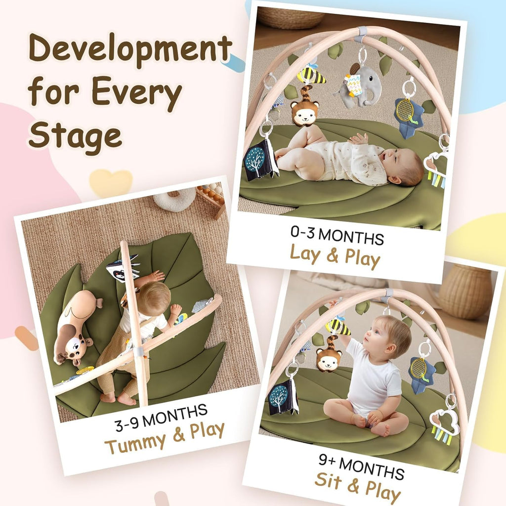 LADIDA Baby Play Mat & Activity Center for Newborns, Leaf-Shaped Play Gym with 8 Detachable Toys to Encourage Motor Skills and Sensory Exploration, Extra Large Tummy Time Mat