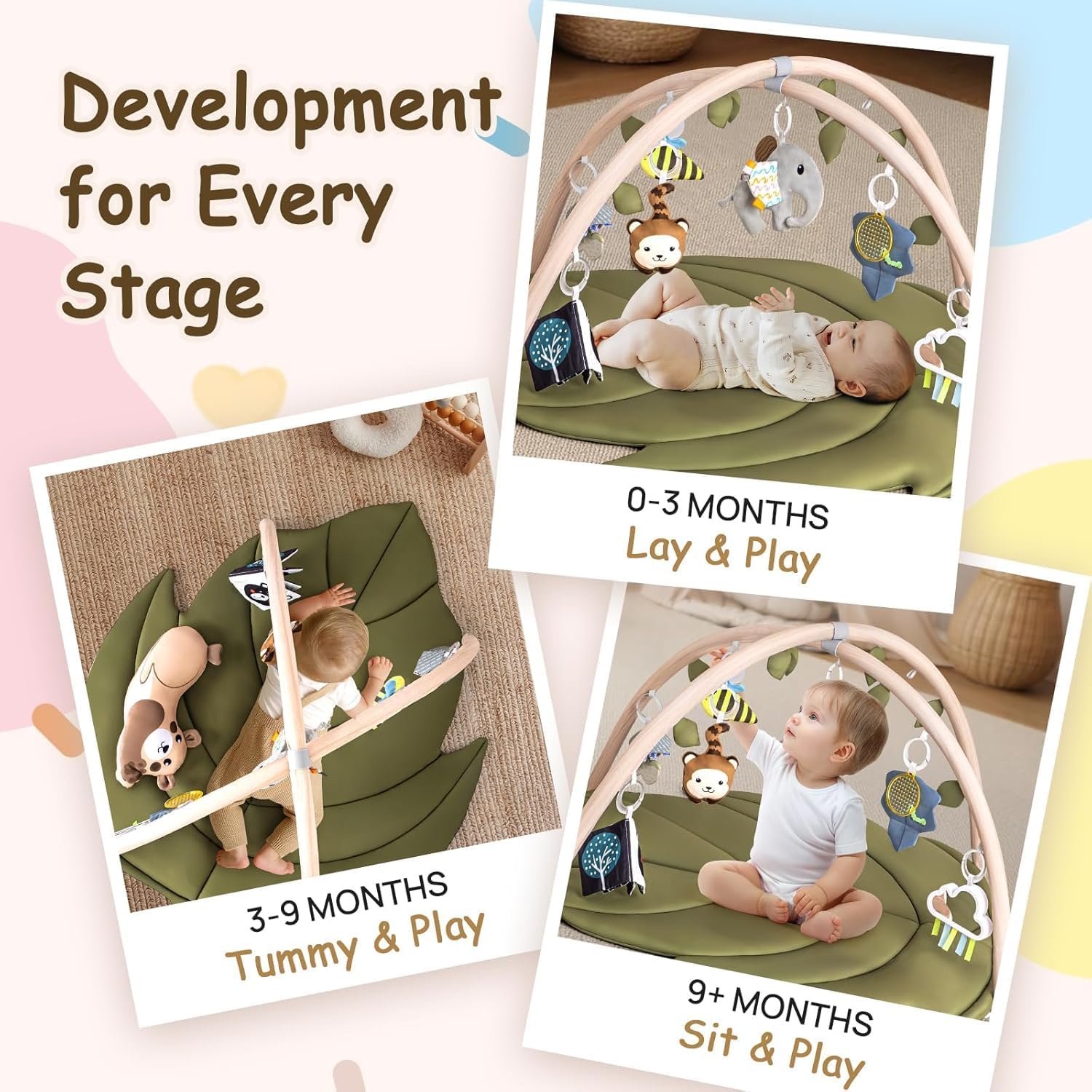 LADIDA Baby Play Mat & Activity Center for Newborns, Leaf-Shaped Play Gym with 8 Detachable Toys to Encourage Motor Skills and Sensory Exploration, Extra Large Tummy Time Mat