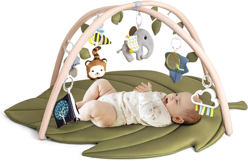 LADIDA Baby Play Mat & Activity Center for Newborns, Leaf-Shaped Play Gym with 8 Detachable Toys to Encourage Motor Skills and Sensory Exploration, Extra Large Tummy Time Mat
