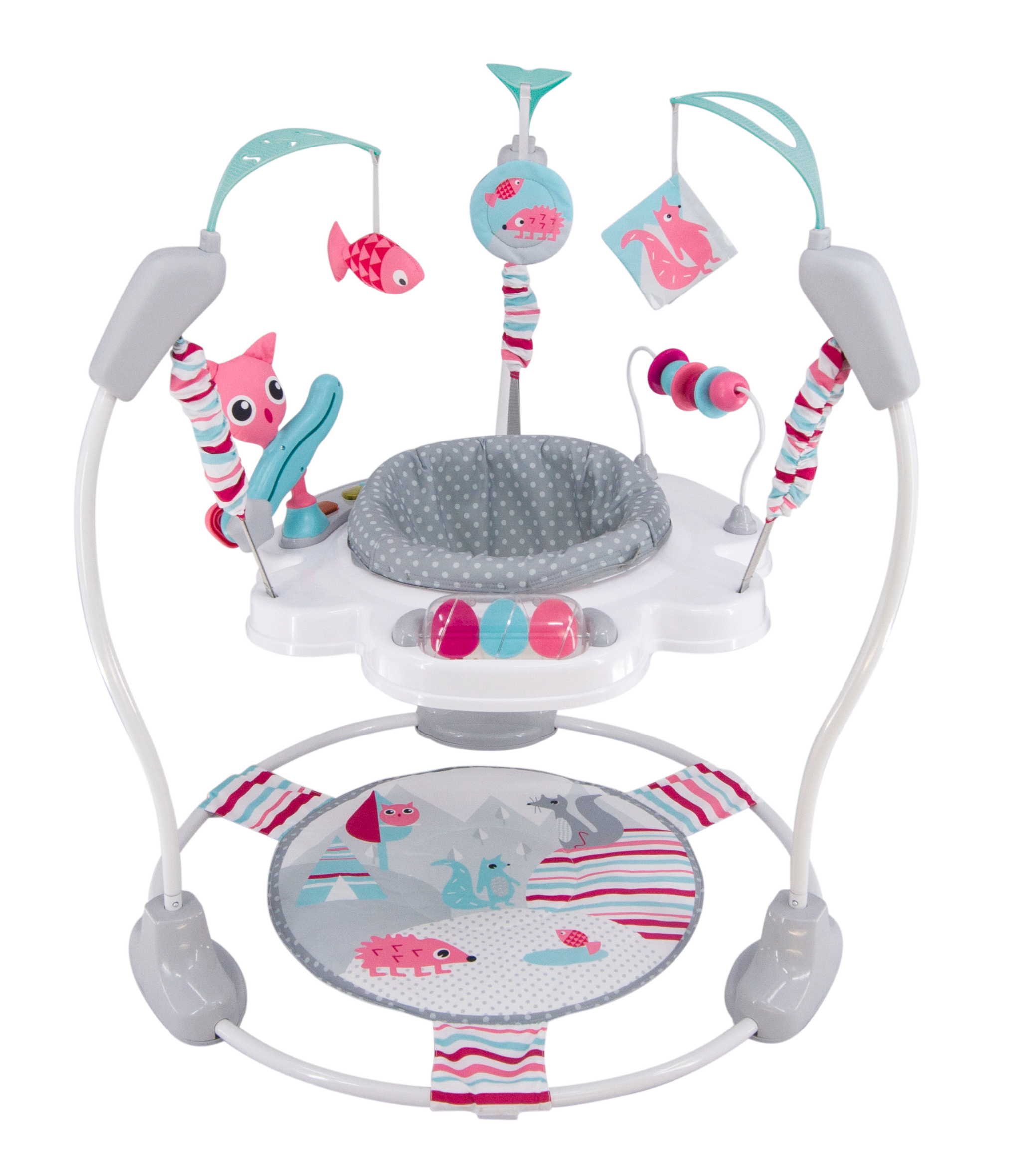 LADIDA Stationary Jumperoo Baby Bouncer Chair Acrobat - 360° Rotating Seat, Musical Toys, and Adjustable Heights (Nordic Forest Pink)