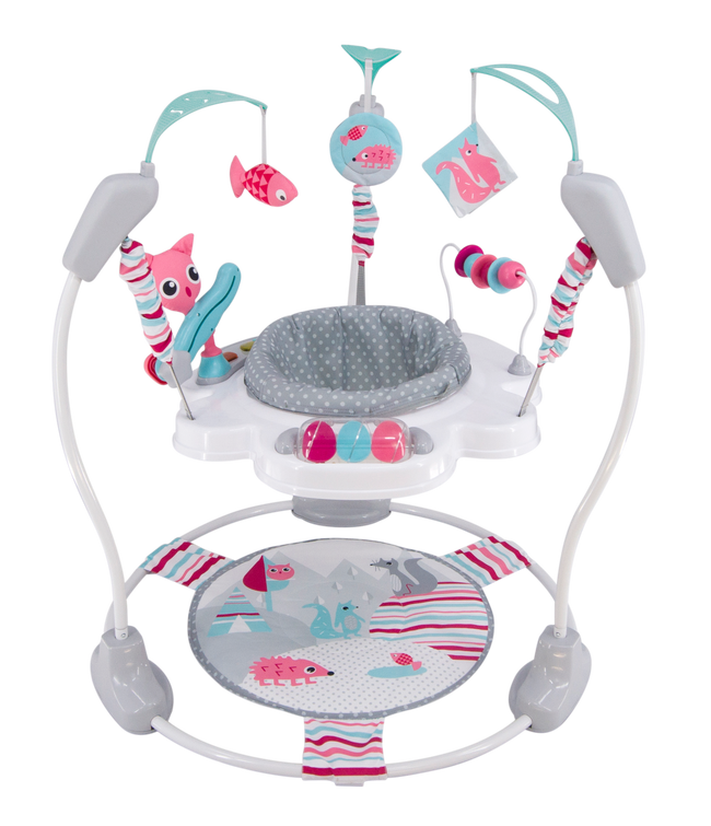 LADIDA Stationary Jumperoo Baby Bouncer Chair Acrobat - 360° Rotating Seat, Musical Toys, and Adjustable Heights (Nordic Forest Pink) Hover Image