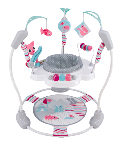 LADIDA Stationary Jumperoo Baby Bouncer Chair Acrobat - 360° Rotating Seat, Musical Toys, and Adjustable Heights (Nordic Forest Pink)