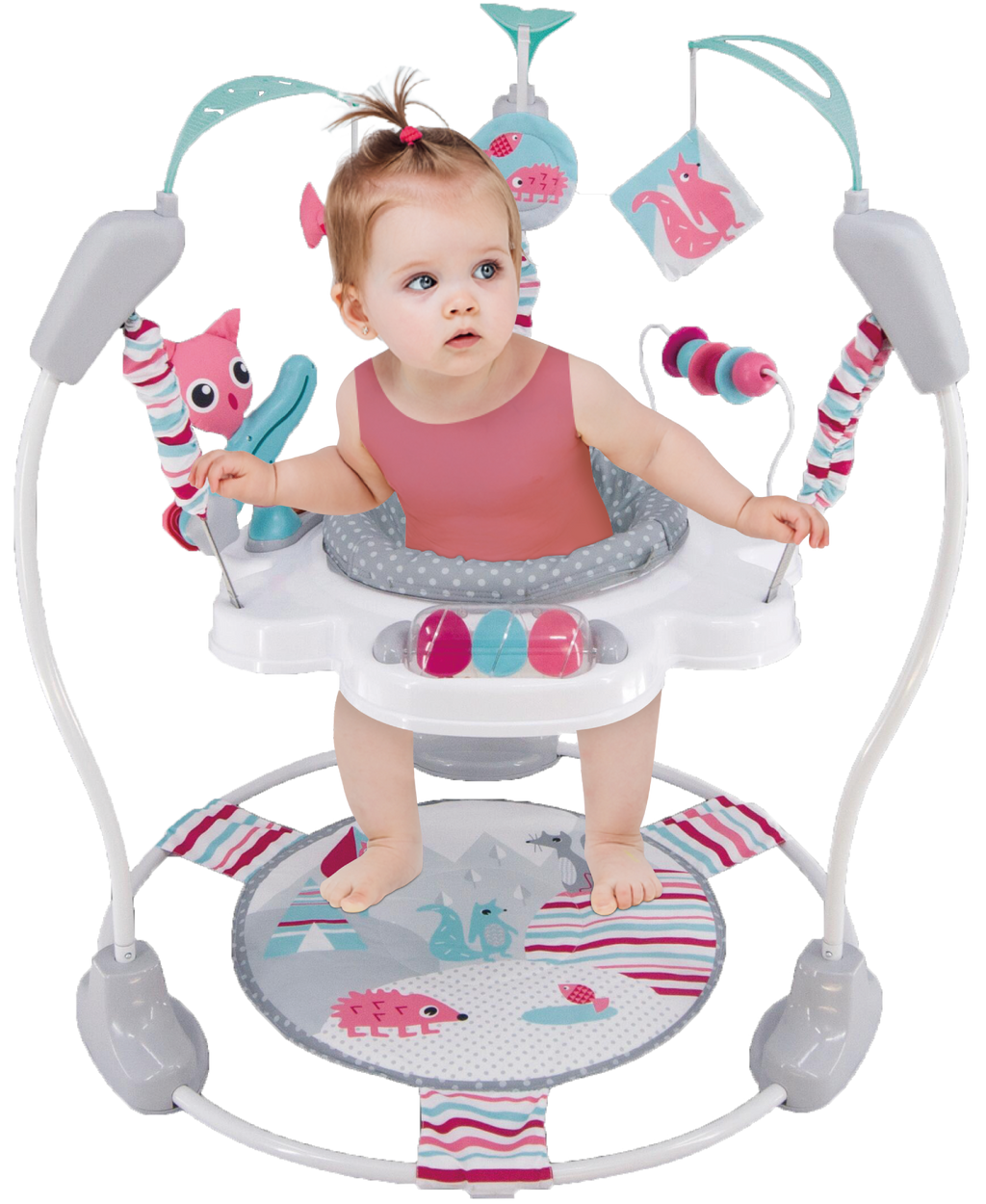 LADIDA Stationary Jumperoo Baby Bouncer Chair Acrobat - 360° Rotating Seat, Musical Toys, and Adjustable Heights (Nordic Forest Pink)