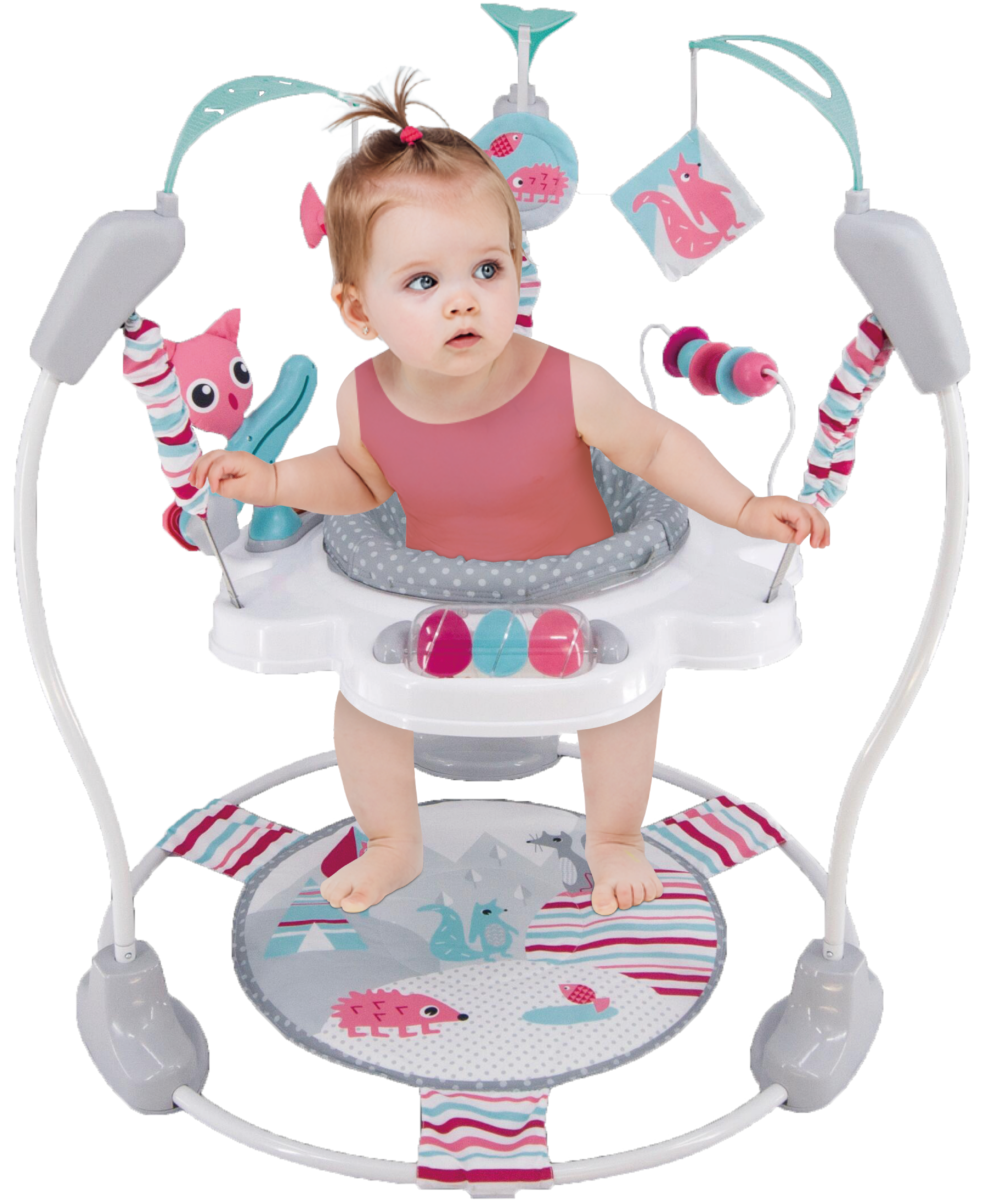 LADIDA Stationary Jumperoo Baby Bouncer Chair Acrobat - 360° Rotating Seat, Musical Toys, and Adjustable Heights (Nordic Forest Pink)