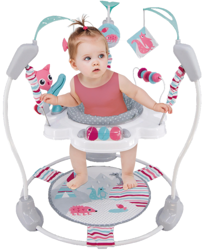 LADIDA Stationary Jumperoo Baby Bouncer Chair Acrobat - 360° Rotating Seat, Musical Toys, and Adjustable Heights (Nordic Forest Pink)
