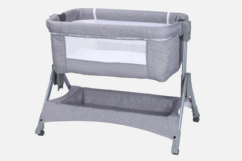 LADIDA 4 In 1 Baby Crib, Next to Me Crib, 6-Level Adjustable Bedside Easy Fold Travel Cot with Wheels, Storage, Mosquito Net and Matress Included, Portable Cribs for Newborn Infant (Grey)