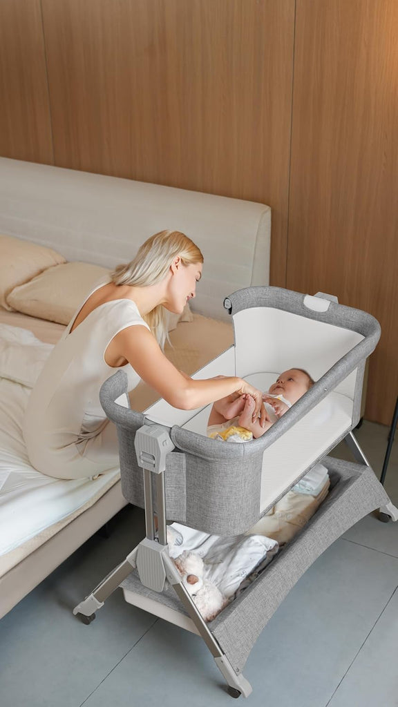 LADIDA 4 In 1 Baby Crib, Next to Me Crib, 6-Level Adjustable Bedside Easy Fold Travel Cot with Wheels, Storage, Mosquito Net and Matress Included, Portable Cribs for Newborn Infant (Grey)