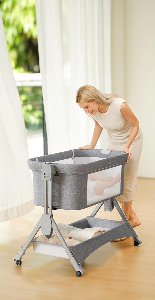 LADIDA 4 In 1 Baby Crib, Next to Me Crib, 6-Level Adjustable Bedside Easy Fold Travel Cot with Wheels, Storage, Mosquito Net and Matress Included, Portable Cribs for Newborn Infant (Grey)
