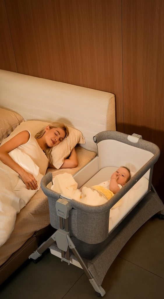 LADIDA 4 In 1 Baby Crib, Next to Me Crib, 6-Level Adjustable Bedside Easy Fold Travel Cot with Wheels, Storage, Mosquito Net and Matress Included, Portable Cribs for Newborn Infant (Grey)