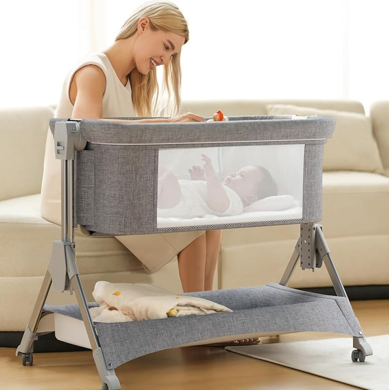 LADIDA 4 In 1 Baby Crib, Next to Me Crib, 6-Level Adjustable Bedside Easy Fold Travel Cot with Wheels, Storage, Mosquito Net and Matress Included, Portable Cribs for Newborn Infant (Grey)