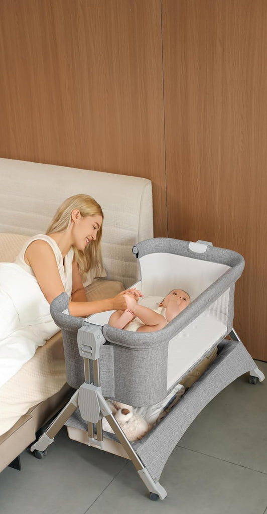 LADIDA 4 In 1 Baby Crib, Next to Me Crib, 6-Level Adjustable Bedside Easy Fold Travel Cot with Wheels, Storage, Mosquito Net and Matress Included, Portable Cribs for Newborn Infant (Grey)