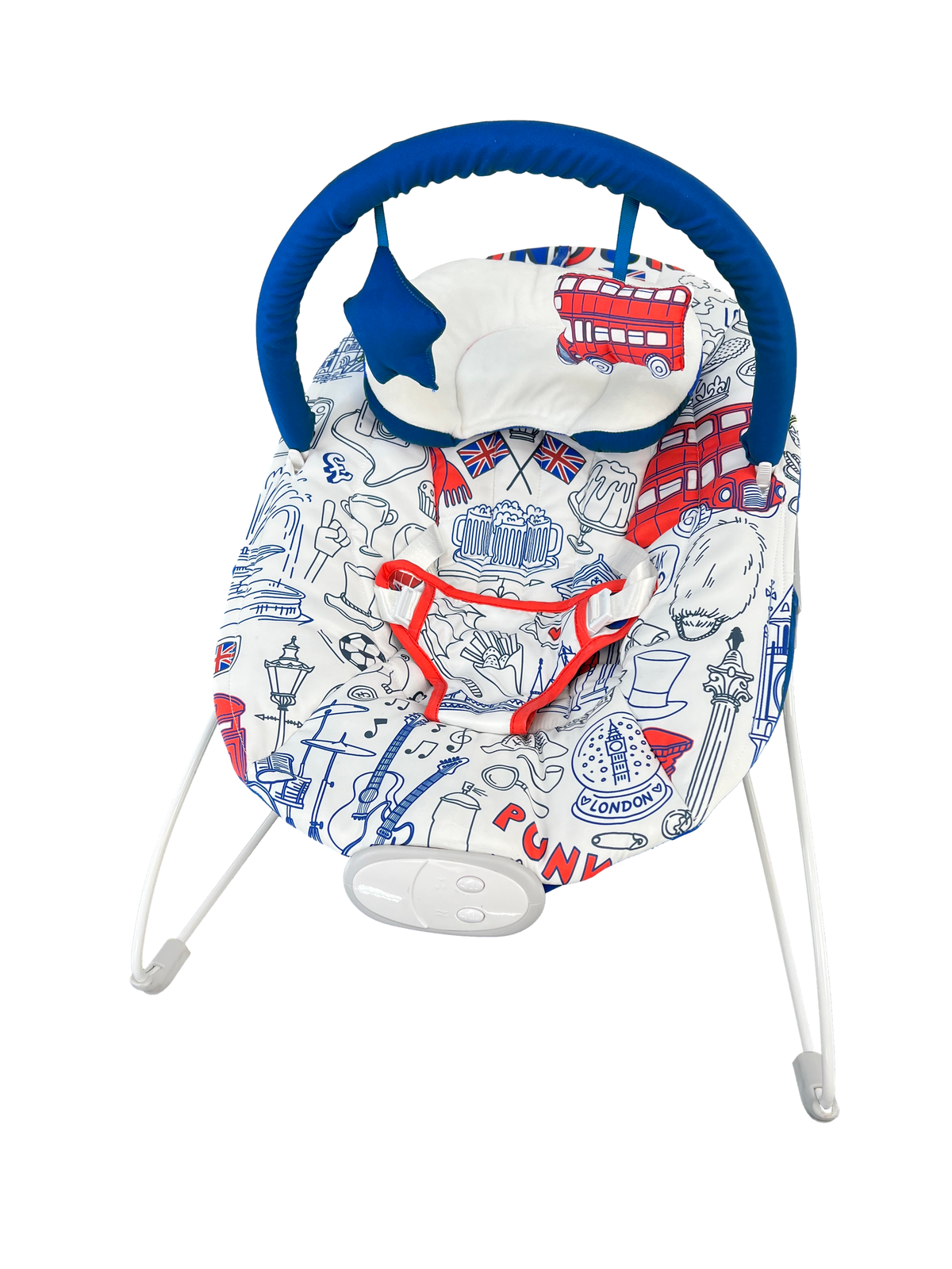 LADIDA London Theme My First Baby Bouncer with Soothing Music and Vibration, Removable Toy Bar with 2 Toys Suitable for Newborns - 322